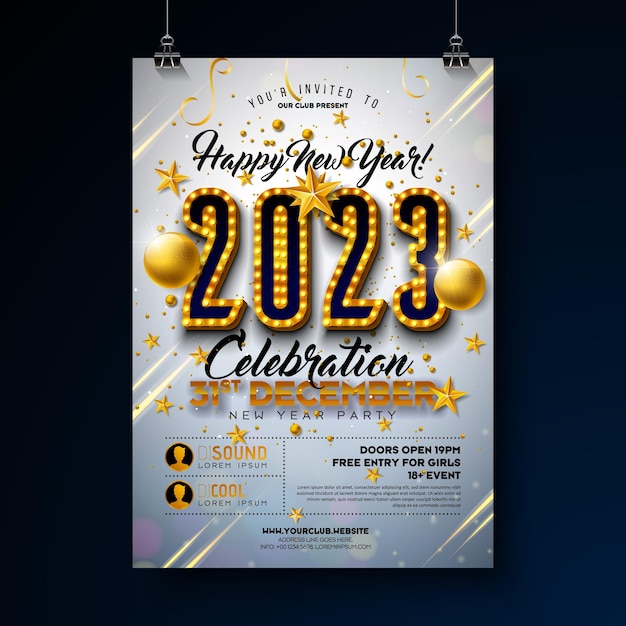 Шаблон плаката празднования нового года 2023 с номером лампочки и золотым рождественским балом