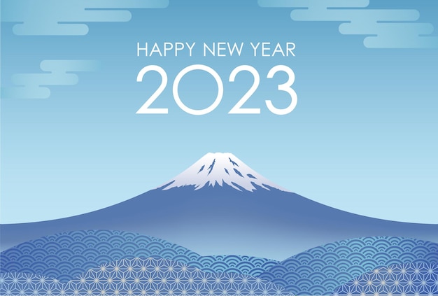 Vettore gratuito il biglietto di auguri di capodanno 2023 con il monte fuji decorato con motivi vintage giapponesi.