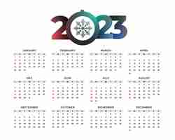 Vettore gratuito calendario semplice del nuovo anno 2023 con design a fiocco di neve