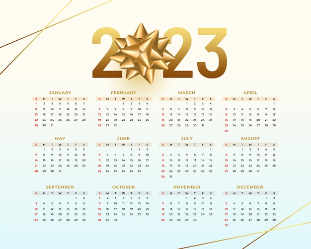 Vettore gratuito modello di calendario per ufficio 2023 con design floreale dorato