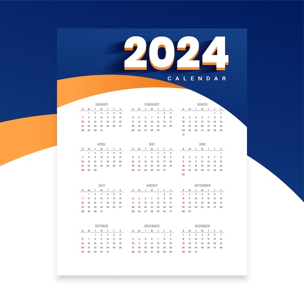 Vettore gratuito vettore di eventi o attività di pianificazione del modello di calendario di pianificazione annuale 2024