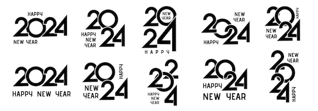 Vettore gratuito 2024 collezione di disegni per un felice anno nuovo in nero modelli di design per i numeri 2024