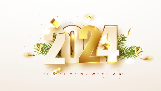 2024 Golden Decoration Holiday on Beige Background – Happy New Year Vector Illustration