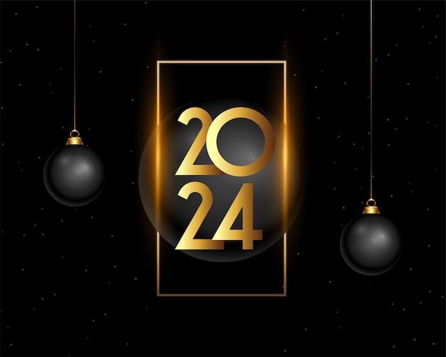 2024 golden lettering new year background with hanging 3d ball vector