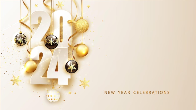 Vettore gratuito sfondo di felice anno nuovo 2024 banner con numeri data 2024 illustrazione vettoriale