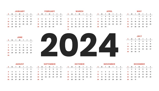 無料ベクター オフィスの机または壁のベクトルの 2024 新年カレンダー テンプレート
