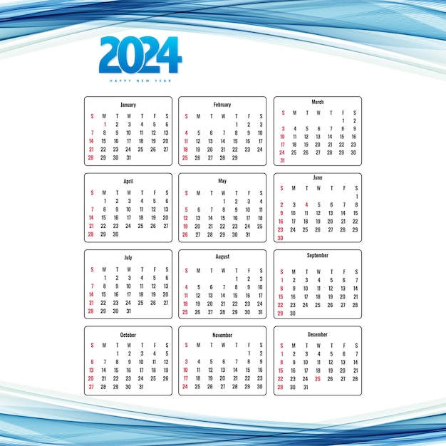 Бесплатное векторное изображение Шаблон календаря нового года 2024 года в дизайне волны в деловом стиле