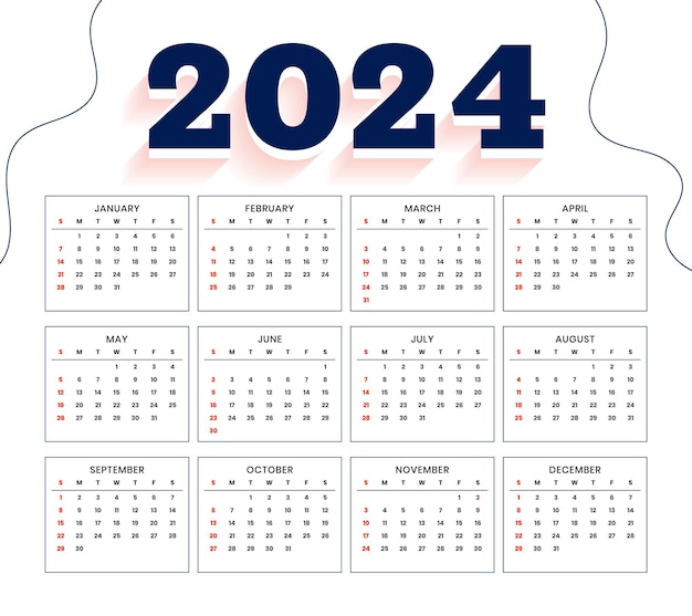 Modello di calendario del nuovo anno 2024 in stile minimal vettoriale