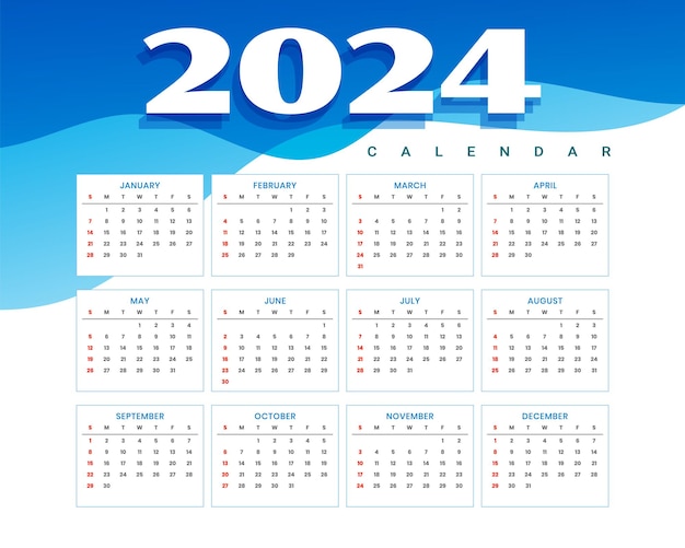 Vettore gratuito modello di calendario inglese del nuovo anno 2024 per il vettore di pianificazione di eventi