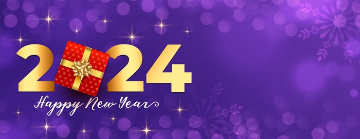 무료 Vector 2024 새해 이브 보라색 배너와 현실적인 선물 상자 디자인 터
