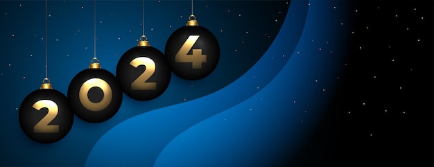 Banner festivo del nuovo anno 2024 con xmas ball design vettoriale appeso