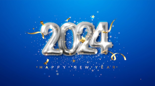 Free vector 2024 silver metal numerals on a blue background holiday illustration with date 2024