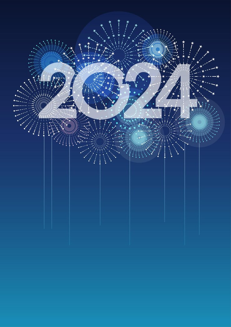 Free Vector 2024 vector logo and celebratory fireworks with text space on a blue background