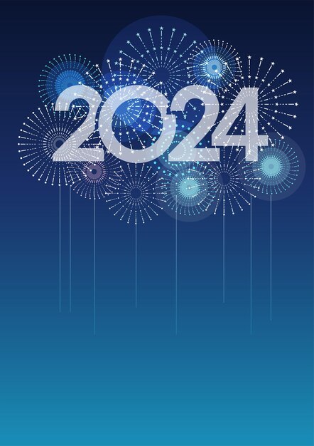 2024 ベクトルのロゴと青色の背景にテキスト スペースを持つお祝いの花火