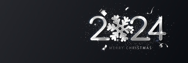 Бесплатное векторное изображение 2024 год с серебряным фоном с новым годом, украшенным снежинками. черный новогодний фон с теплыми пожеланиями. идеально подходит для создания праздничных открыток и баннеров.