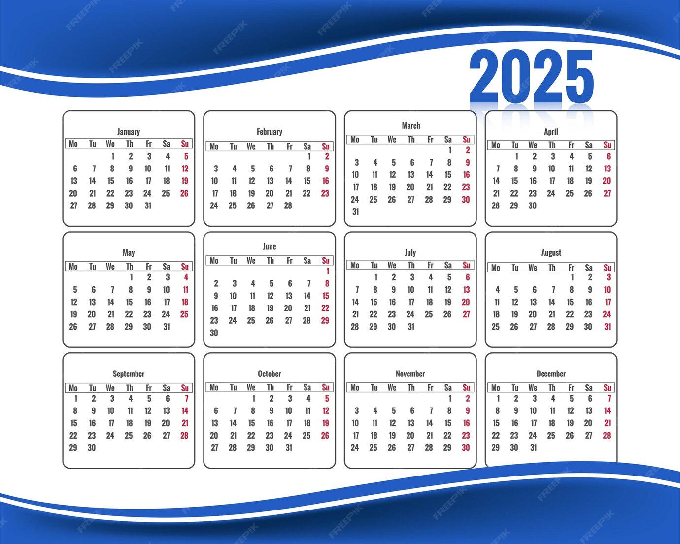 Free Vector 2025 english calendar template with creative wave background
