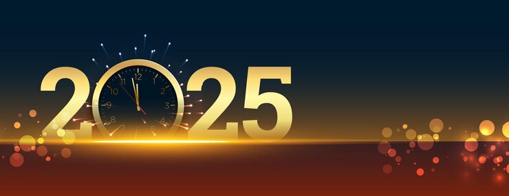 Free Vector 2025 new year greeting banner with clock and firework