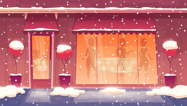 24 hours, round-the-clock boutique with shop-window, clothing market, it snows.