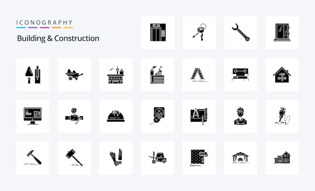 Vettore gratuito 25 pacchetto di icone glyph solido per l'edilizia e le costruzioni illustrazione delle icone vettoriali