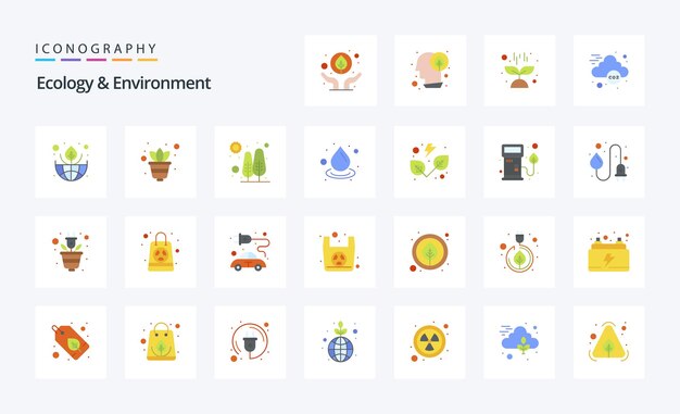 25 Экология и окружающая среда Плоский цветной набор значков Векторные иконки иллюстрация