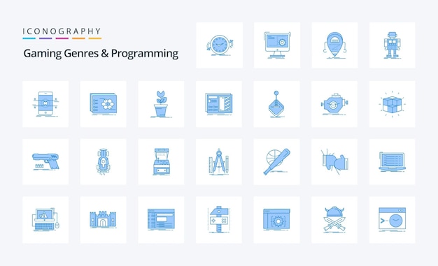 Free vector 25 gaming genres and programming blue icon pack vector icons illustration