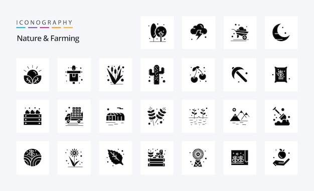 25 Nature And Farming Solid Glyph icon pack Vector icons illustration
