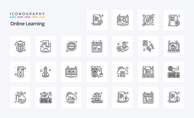 25 オンライン学習ライン アイコン パック ベクトル アイコン イラスト