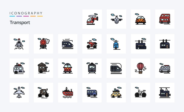 25 transport line filled style icon pack illustrazione dell'iconografia vettoriale