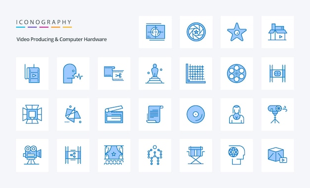 無料ベクター 25 ビデオ制作とコンピューター ハードウェア ブルー アイコン パック ベクトル アイコン イラスト