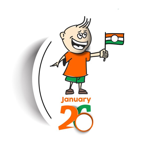 26 january Republic day concept a boy with hand holding indian flag. Cartoon Vector background.