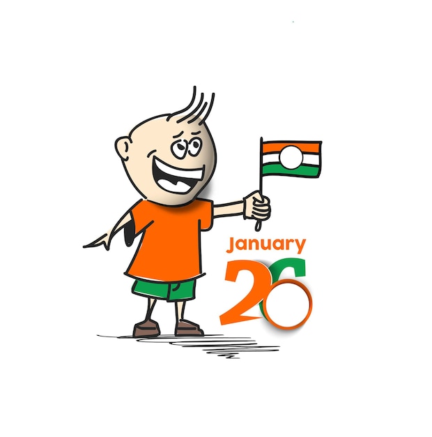 1月26日共和国記念日のコンセプトインドの旗を持っている手を持つ少年。漫画のベクトルの背景。