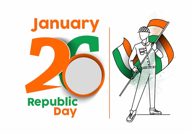 インドの旗を保持している男の子と1月26日の共和国記念日のコンセプト。漫画のベクトルの背景。