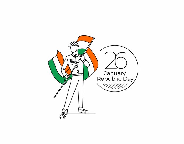 インドの旗を保持している男の子と1月26日の共和国記念日のコンセプト。漫画のベクトルの背景。