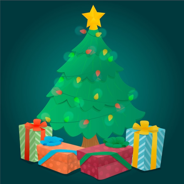Vettore gratuito albero di natale 2d con regali incartati