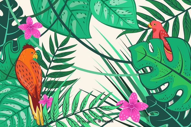 Free Vector 2d tropical leaves and birds background