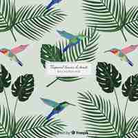 Free vector 2d tropical leaves and birds background