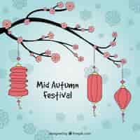 Free vector 3 lanterns, mid autumn festival