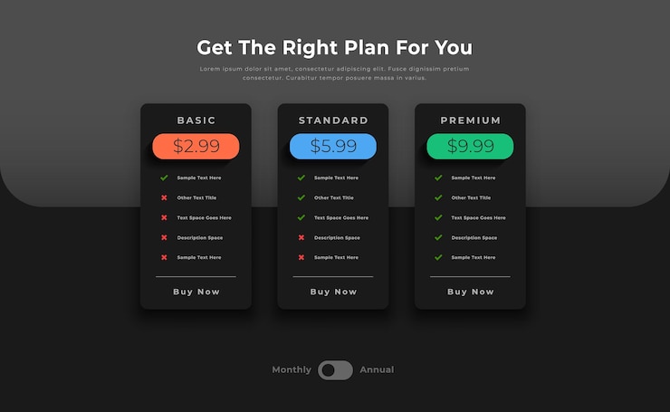 Free Vector 3 options pricing chart table dark template for business presentation