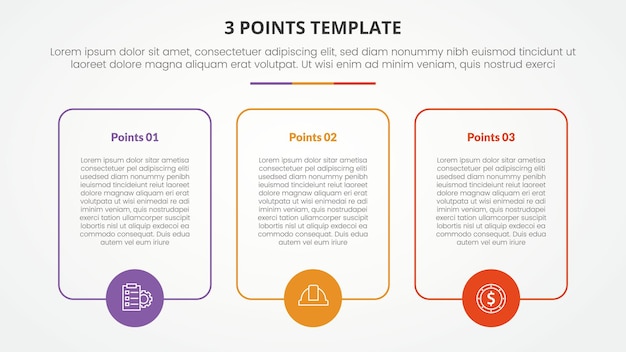 3 points stage template infographic concept for slide presentation with big box outline with circle on bottom with 3 point list with flat style