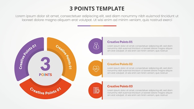 Vettore gratuito modello infografico a 3 punti per la presentazione di diapositive con forma di grafico a torta grande e scatola rettangolare rotonda con lista a 3 punti con stile piatto