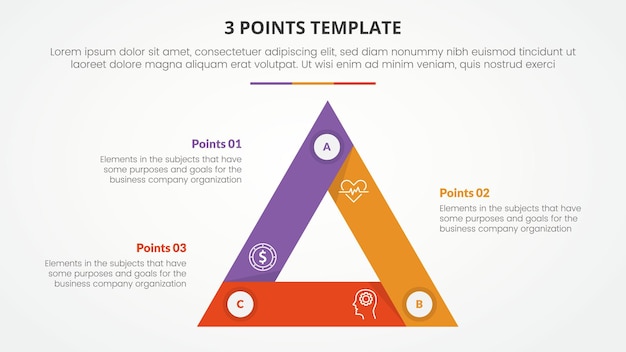 Vettore gratuito modello di infografica a tre punti per la presentazione di diapositive con ciclo triangolare bordo acuto circolare con lista a tre punti con stile piatto