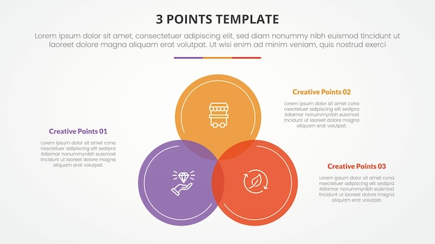 3 points stage template infographic concept for slide presentation with venn circle center with 3 point list with flat style
