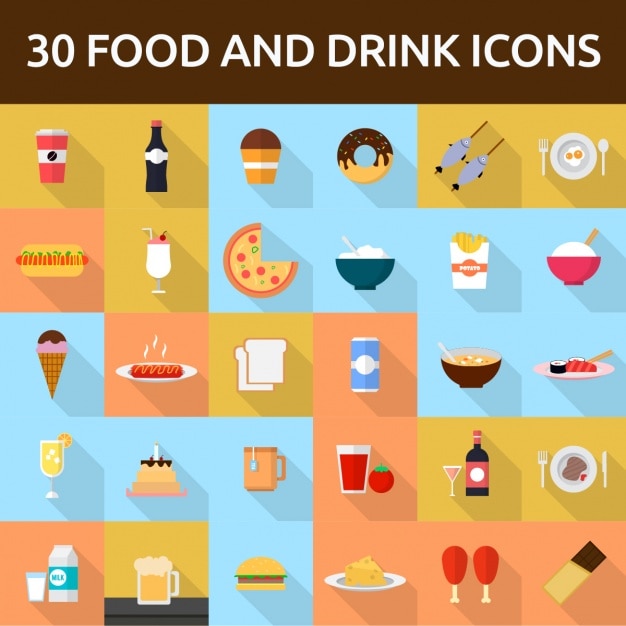Бесплатное векторное изображение 30 продуктов питания и напитков иконки