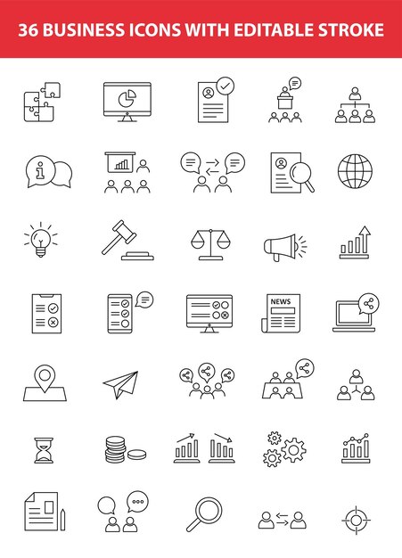 36 business icons with editable stroke