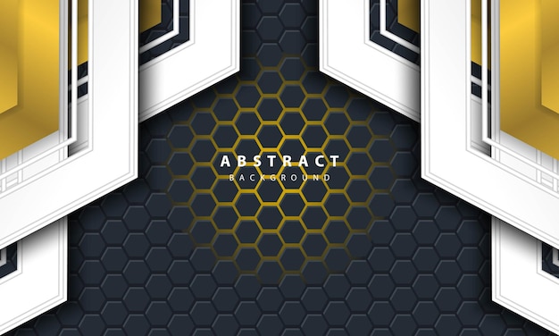 3d abstract gold light hexagonal background with gold and white frame shapes.