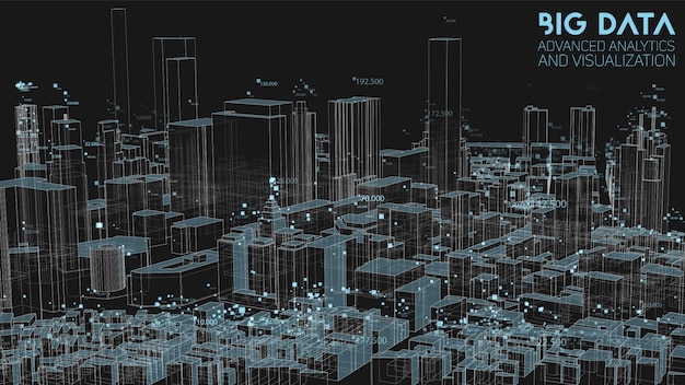 큰 데이터의 3d 추상 도시 재무 구조 분석