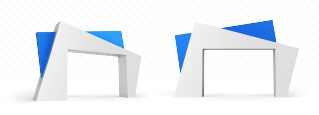 近代建築デザインの3Dアーチ、抽象的な角張った青と白の色の建物、外部または内部の正面図と側面図のゲート構造