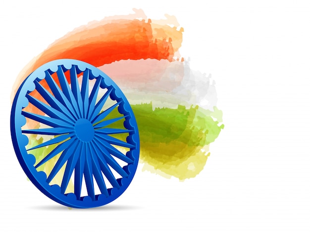 Free vector 3d ashoka wheel with tricolor watercolor brush strokes.