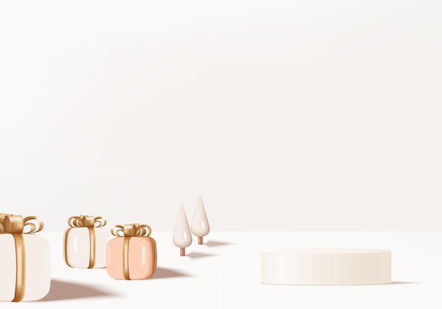 크리스마스를 위한 흰색 활 디스플레이 제품이 있는 3d 배경 선물 상자. 제품 디스플레이 배경 벡터 3d 렌더링은 최소한의 연단 스튜디오를 사용합니다. 2022년 새해에 흰색 선물 상자에 화장품을 의미합니다.