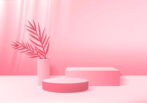 3d background products display podium scene with green leaf geometric platform. background 3d render with podium. stand to show cosmetic products. stage showcase on pedestal display pink studio